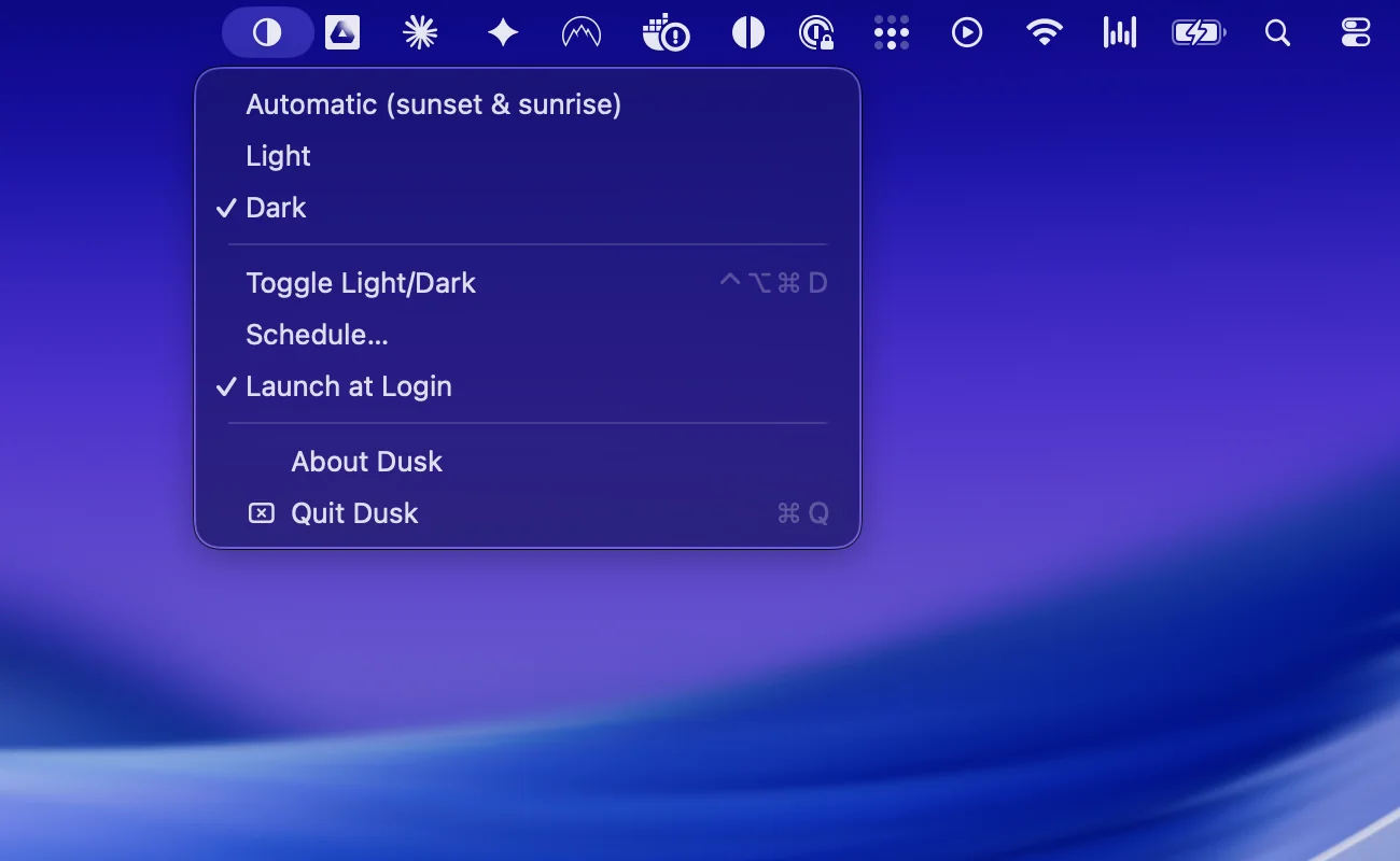 The same Mac desktop in dark mode, with Dusk's menu open and Dark selected.