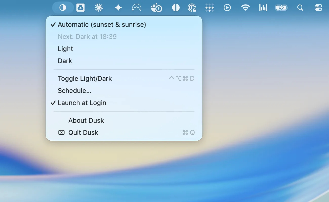 Dusk's menu bar menu open on a Mac in light mode, with Automatic selected and the line 'Next: Dark at 18:39'.
