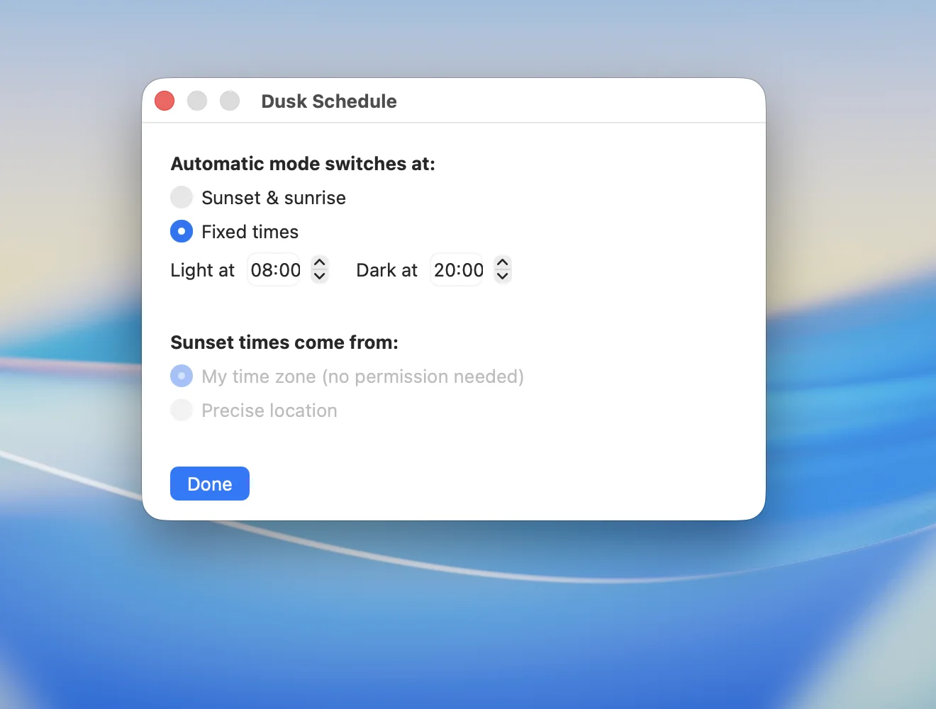 Dusk's Schedule window with 'Fixed times' selected, light at 08:00 and dark at 20:00, and the option to take sunset times from the time zone with no permission needed.