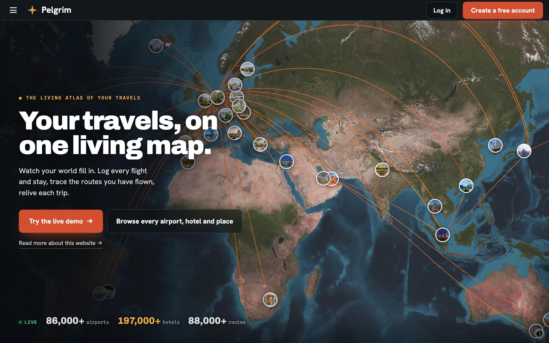 The Pelgrim front page: the demo traveller's flights drawn as arcs and hotel stays pinned as photos on a world map.